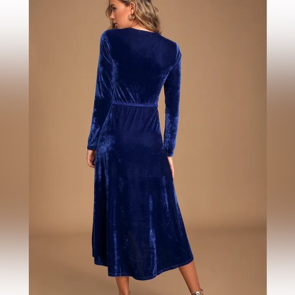 Lulus Enchant Me Cobalt Blue Velvet Midi Wrap Dress - Picture 6 of 11